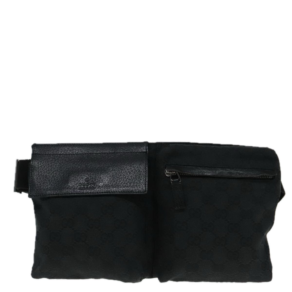 Gucci Vintage Double Belt Bag GG Canvas with Leather, BLACK, CANVAS, Clutche & pouche