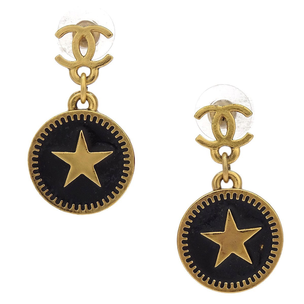 Chanel CC Star Round Drop Earrings Metal with Resin, Gold, Gold Plated, Earrings