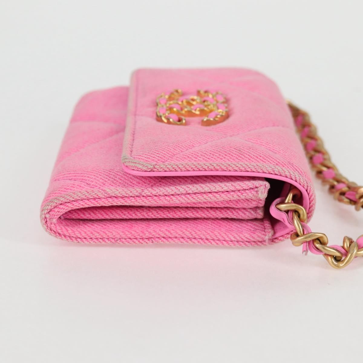 Chanel 19 Flap Coin Purse With Chain Quilted Denim, PINK, CANVAS, Wallets