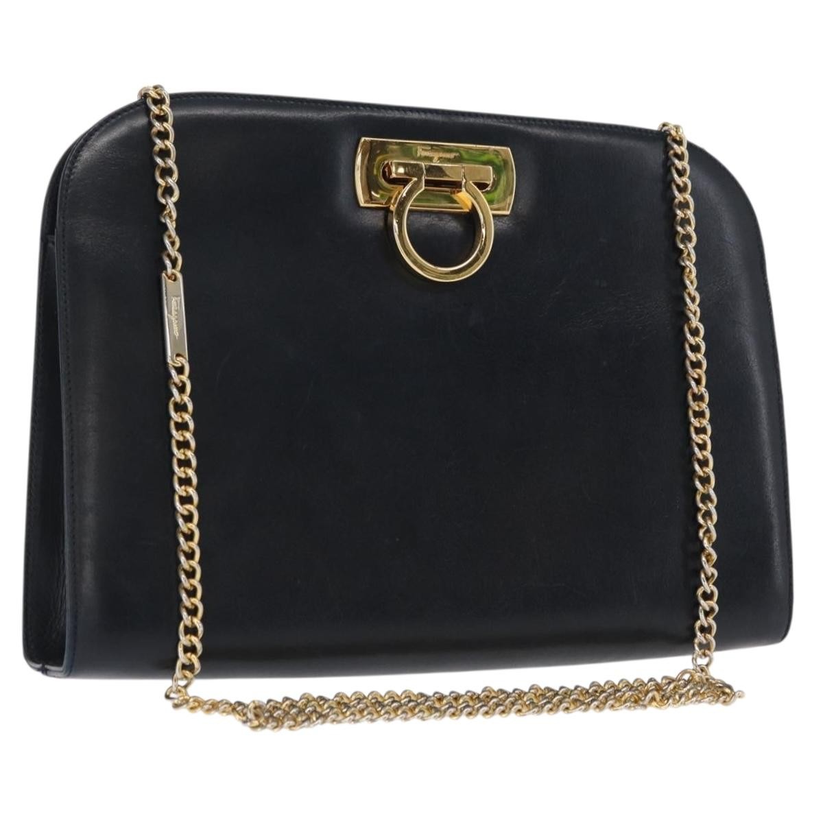 Salvatore Ferragamo Vintage Gancini Chain Shoulder Bag Leather, NAVY, LEATHER, Shoulder bag