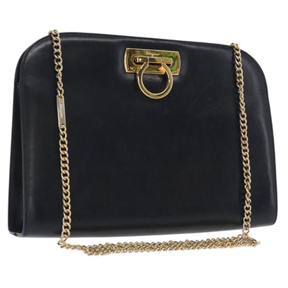 Salvatore Ferragamo Vintage Gancini Chain Shoulder Bag Leather, NAVY, LEATHER, Shoulder bag