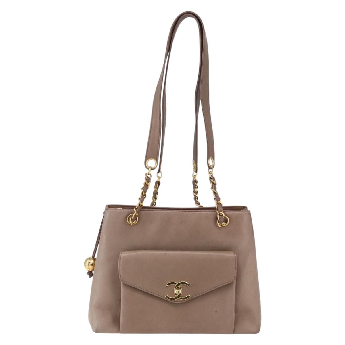 Chanel Vintage Front Pocket Tote Leather, BEIGE, LEATHER, Shoulder bag