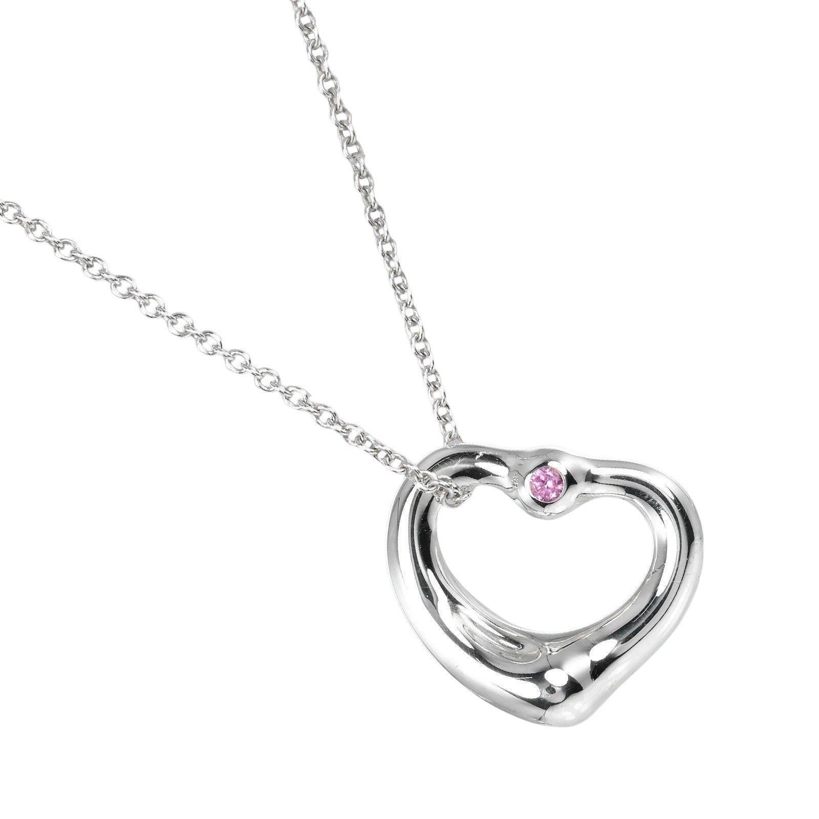 Tiffany & Co. Elsa Peretti Open Heart Pendant Necklace Sterling Silver with Pink Sapphire, SILVER, SILVER, Necklace