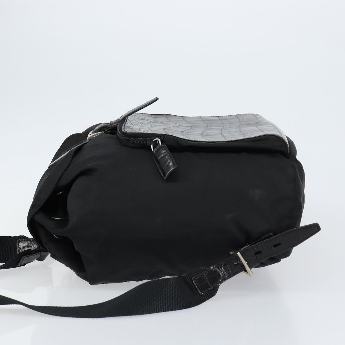 Prada Cinch Buckle Flap Backpack Tessuto with Crocodile Embossed Leather, BLACK, NYLON, Backpack