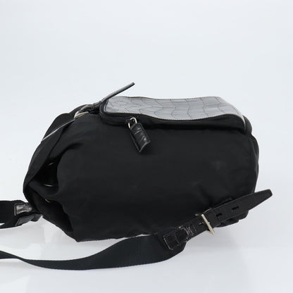 Prada Cinch Buckle Flap Backpack Tessuto with Crocodile Embossed Leather, BLACK, NYLON, Backpack
