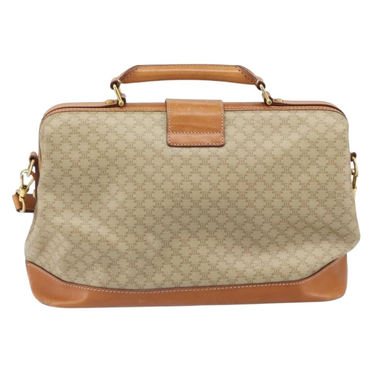 Celine Vintage Macadam Handbag Canvas and Leather, BEIGE, CANVAS, Handbag