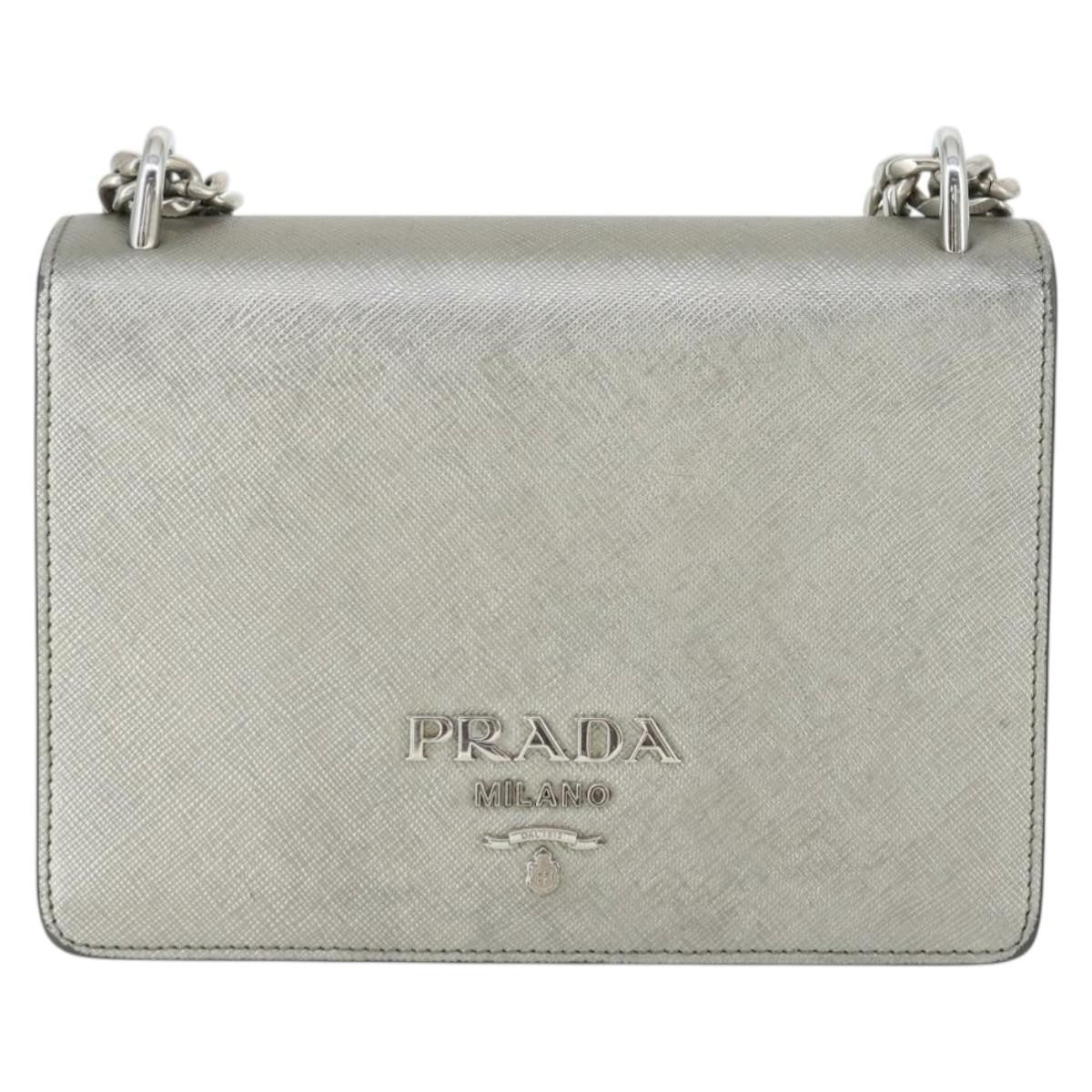 Prada Chain Flap Bag Saffiano Leather, SILVER, LEATHER, Shoulder bag