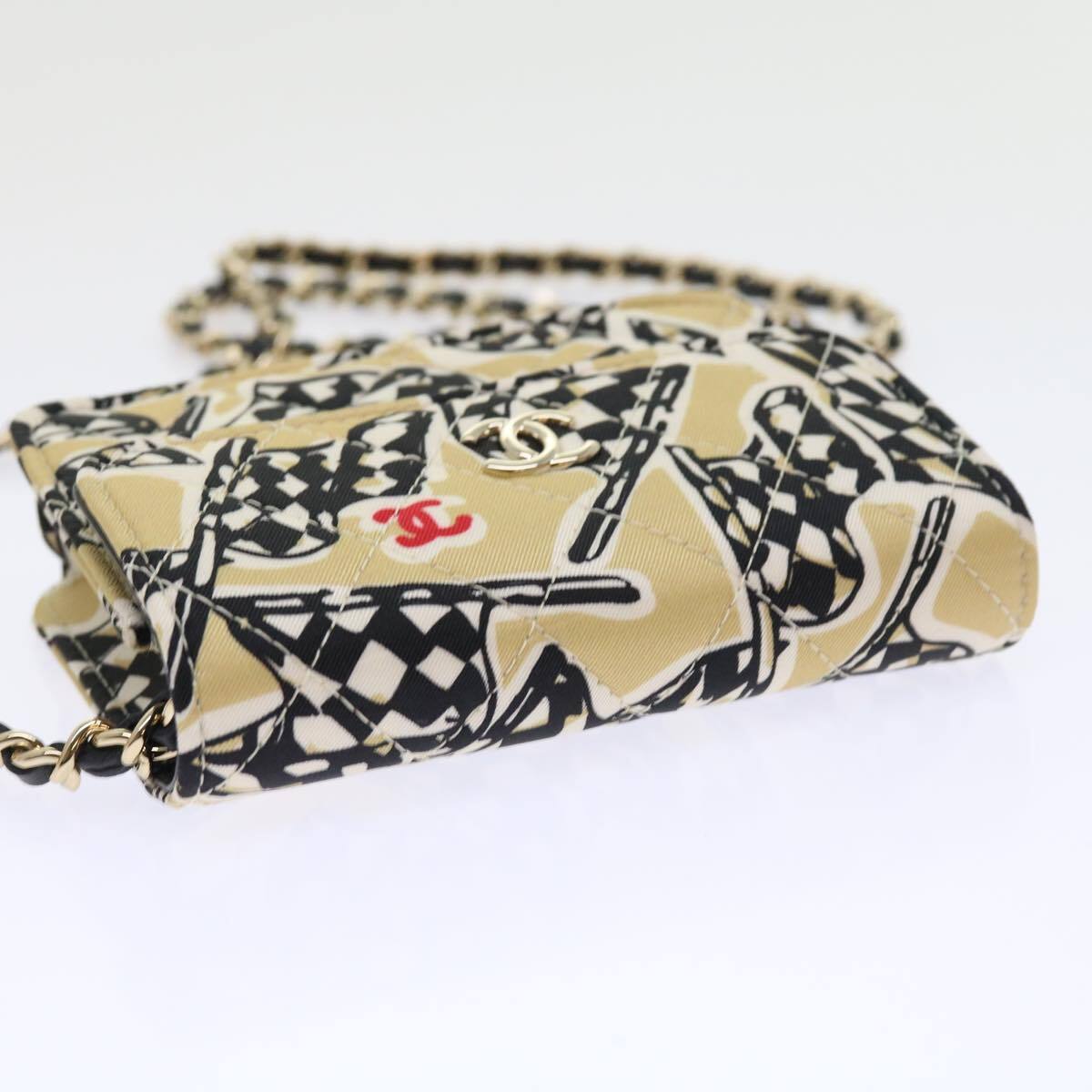 Chanel Flap Card Holder on Chain Quilted Printed Canvas, BEIGE, CANVAS, Shoulder bag