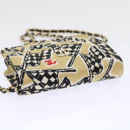 Chanel Flap Card Holder on Chain Quilted Printed Canvas, BEIGE, CANVAS, Shoulder bag