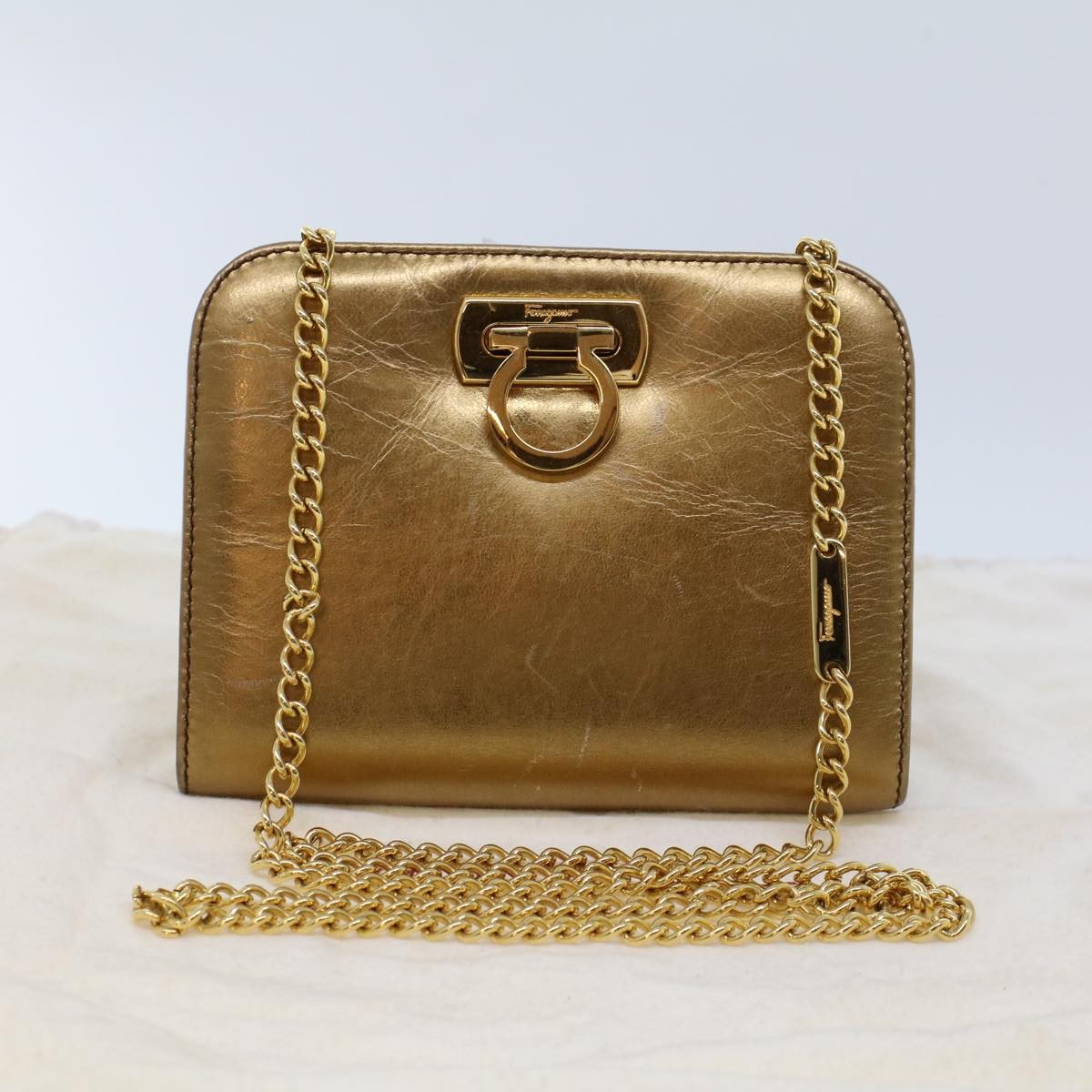 Salvatore Ferragamo Vintage Gancini Chain Shoulder Bag Leather, GOLD, LEATHER, Shoulder bag