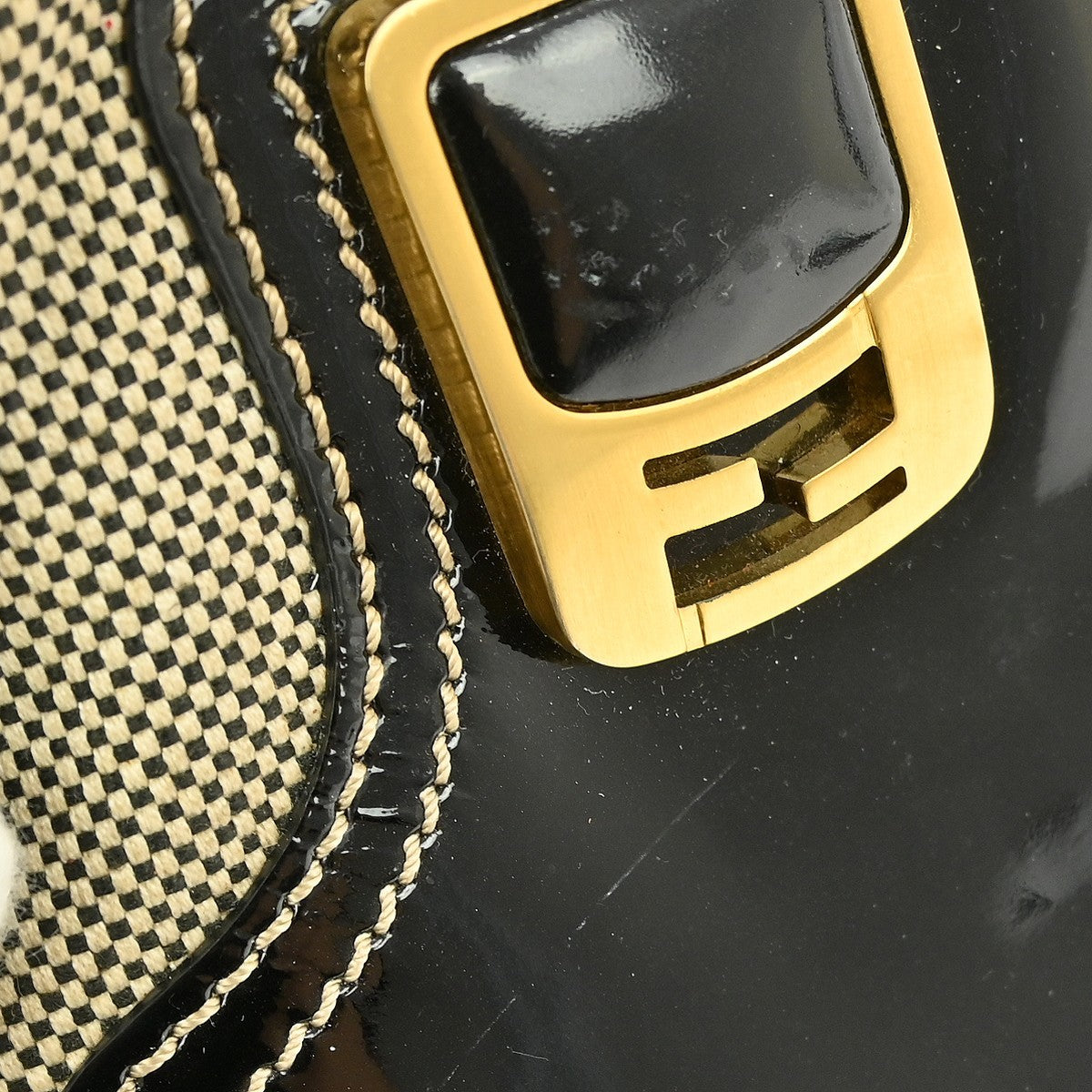 Fendi Chameleon Satchel Patent and Canvas, BLACK, PATENT_LEATHER, Handbag