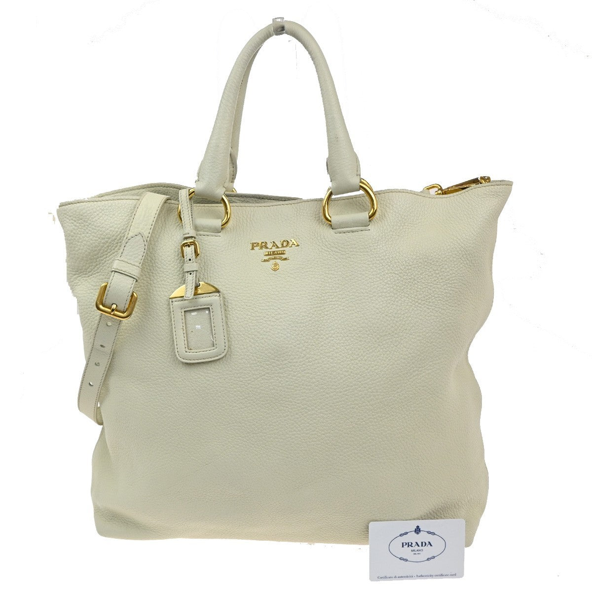 Prada Convertible Shopper Tote Vitello Daino, WHITE, LEATHER, Tote bag