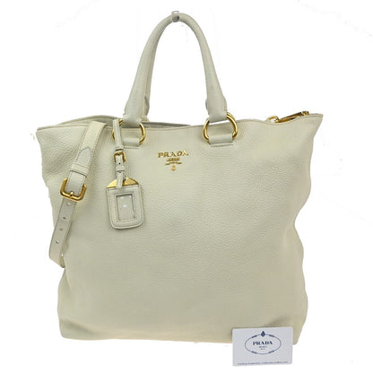 Prada Convertible Shopper Tote Vitello Daino, WHITE, LEATHER, Tote bag