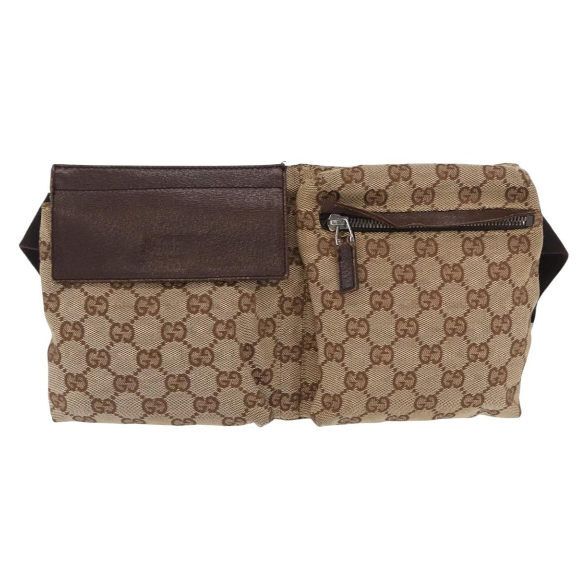 Gucci Vintage Double Belt Bag GG Canvas with Leather, BEIGE, CANVAS, Clutche & pouche