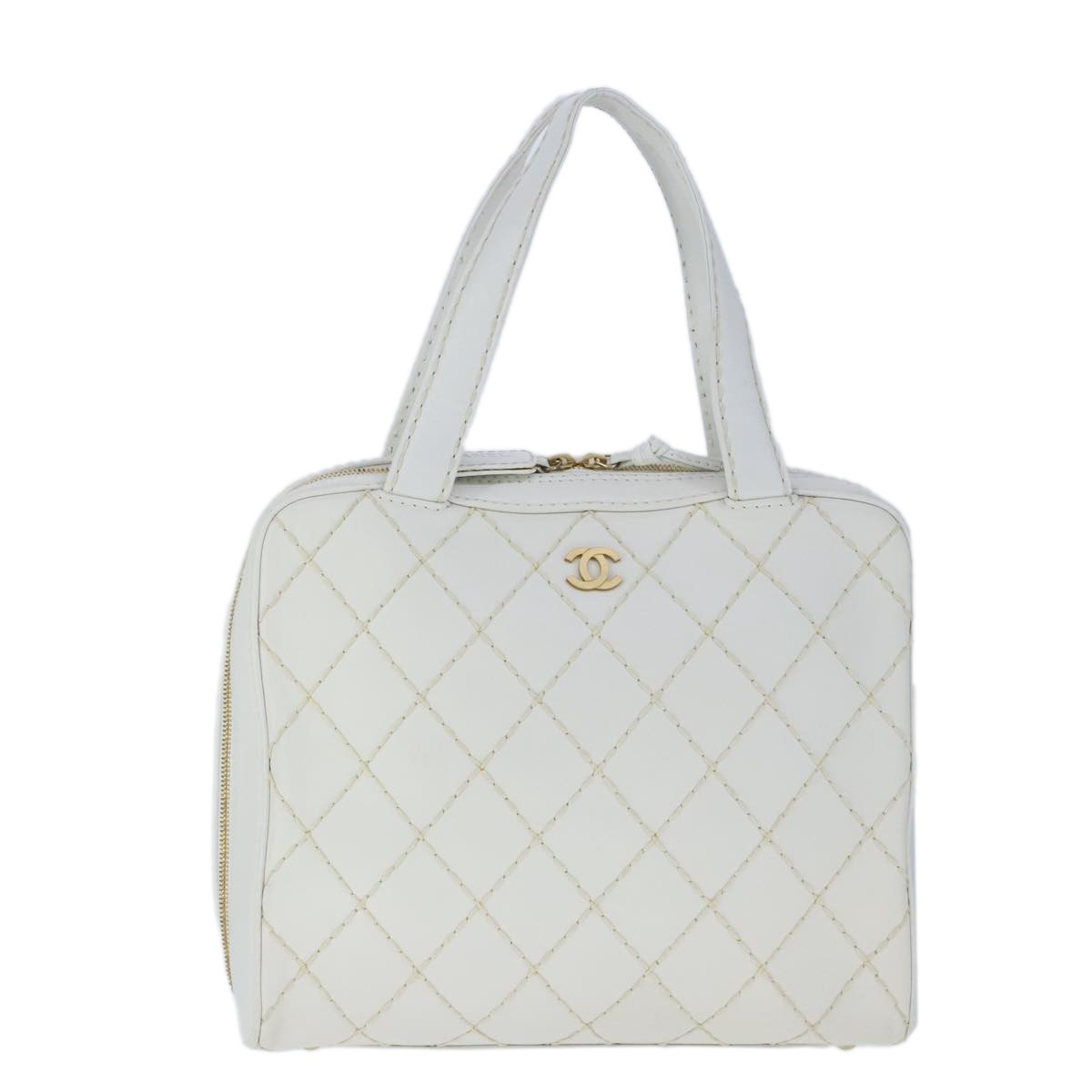Chanel Surpique Zip Around Satchel Quilted Leather, WHITE, LEATHER, Handbag