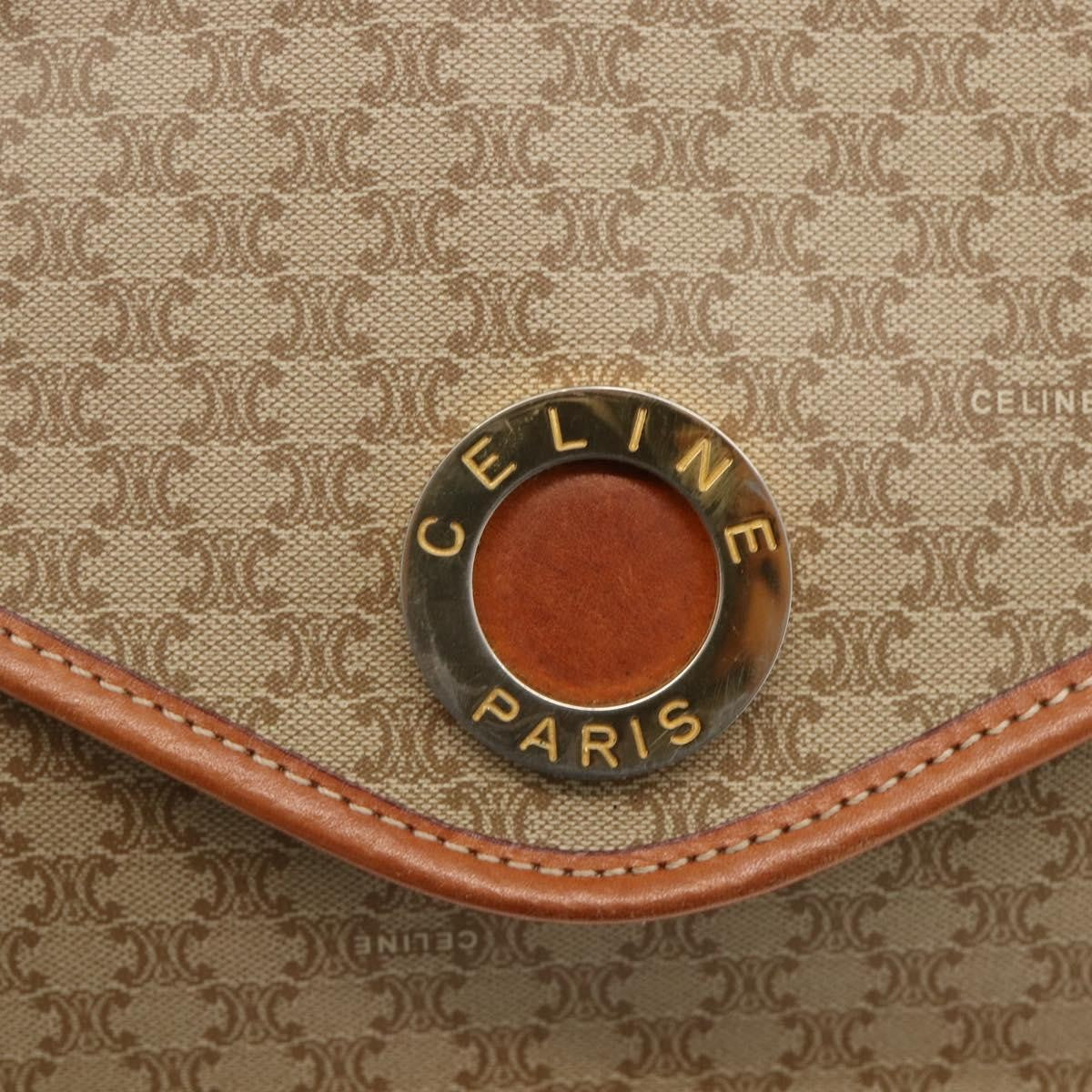 Celine Vintage Macadam Circle Logo Shoulder Bag Canvas and Leather, Beige, Canvas, Shoulder Bag