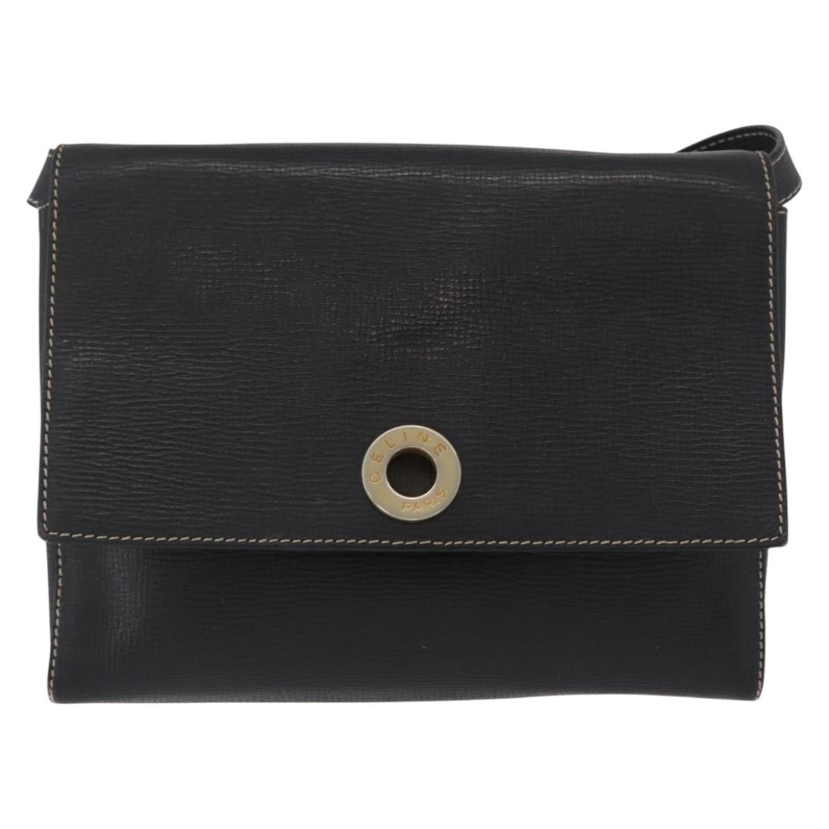 Celine Circle Logo Shoulder Bag Leather, BLACK, LEATHER, Shoulder bag