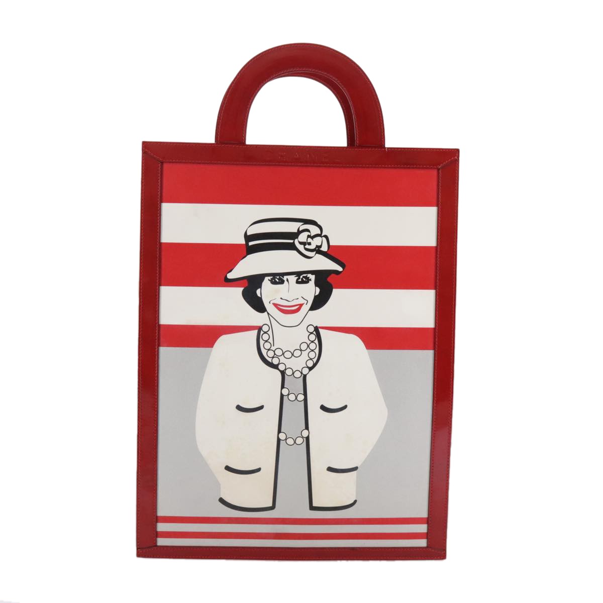 Chanel Vintage Portrait Tote Printed Leather and Quilted Patent, Red, Leather, Tote Bag