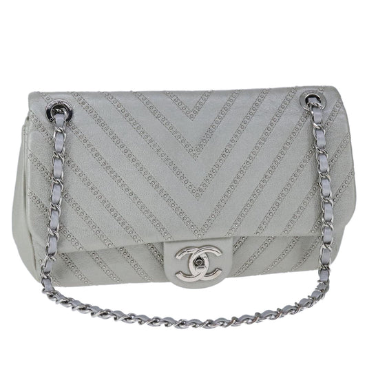 Chanel Vintage Classic Single Flap Bag Stitched Calfskin, GRAY, LEATHER, Shoulder bag