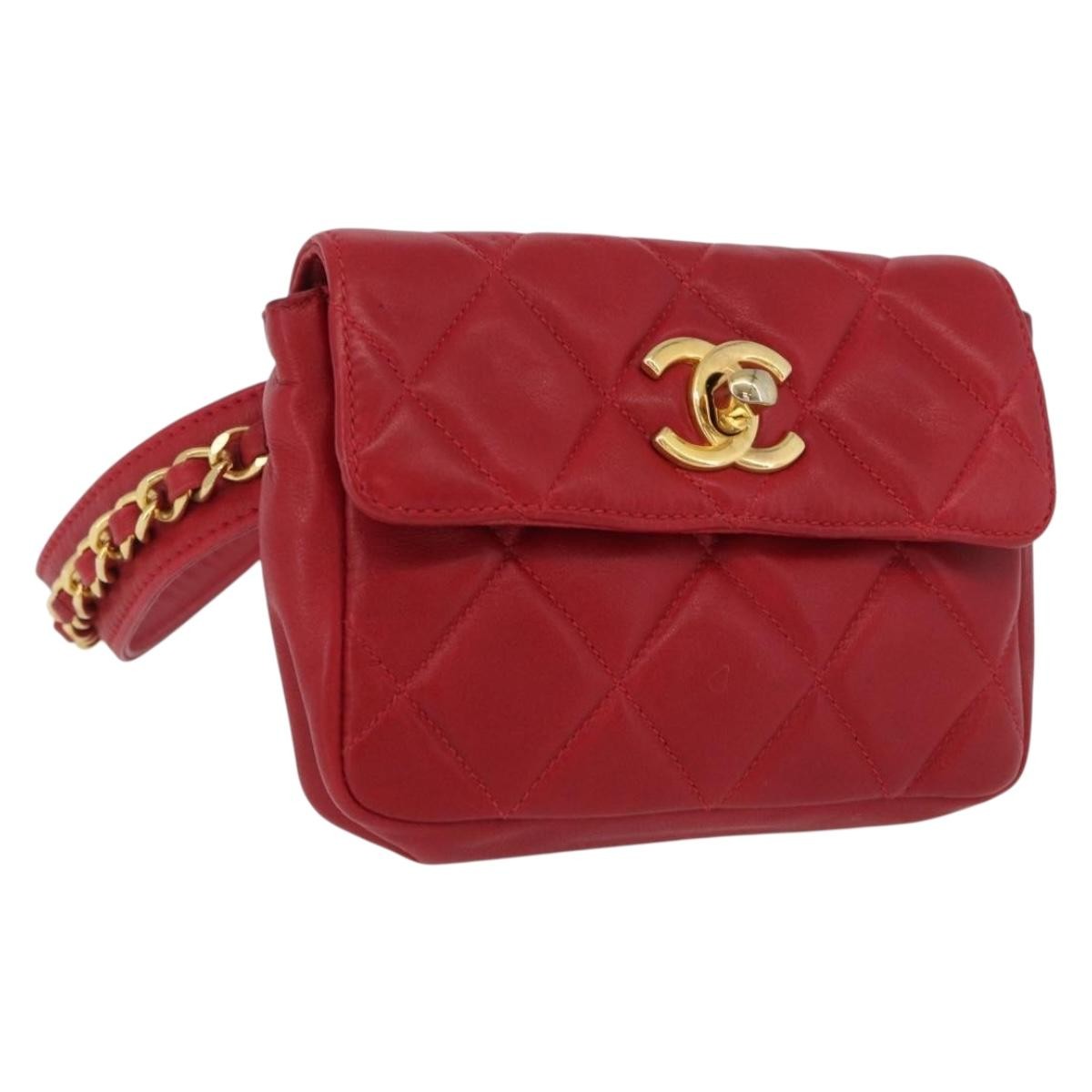 Chanel Vintage CC Flap Waist Bag Quilted Lambskin, Red, Leather, Clutch