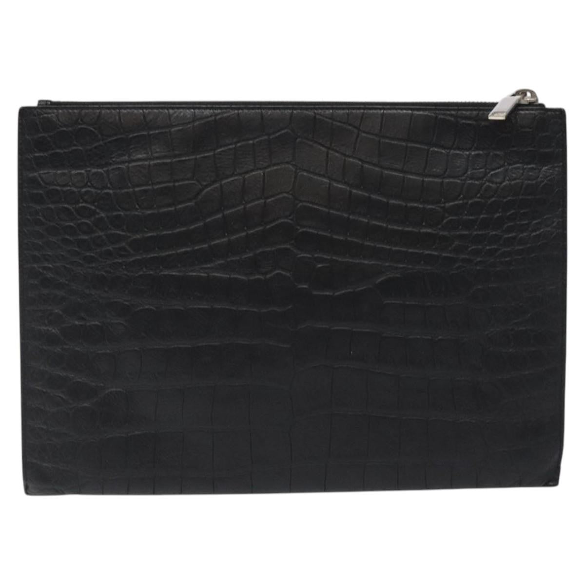 Saint Laurent Zip Pouch Crocodile Embossed Leather, BLACK, LEATHER, Clutche & pouche