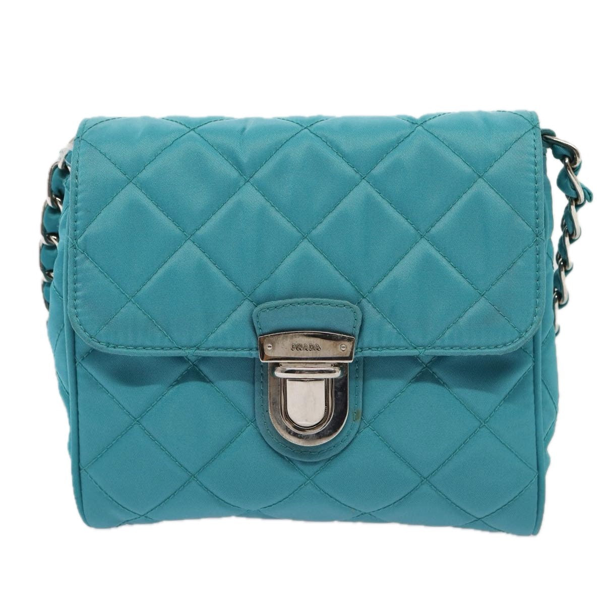 Prada Pushlock Chain Flap Bag Quilted Tessuto, Turquoise, Nylon, Shoulder Bag