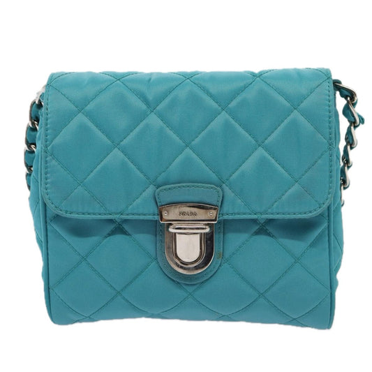 Prada Pushlock Chain Flap Bag Quilted Tessuto, Turquoise, Nylon, Shoulder Bag