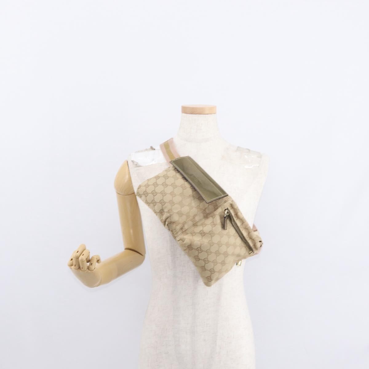 Gucci Vintage Double Belt Bag GG Canvas with Leather, BEIGE, CANVAS, Shoulder bag
