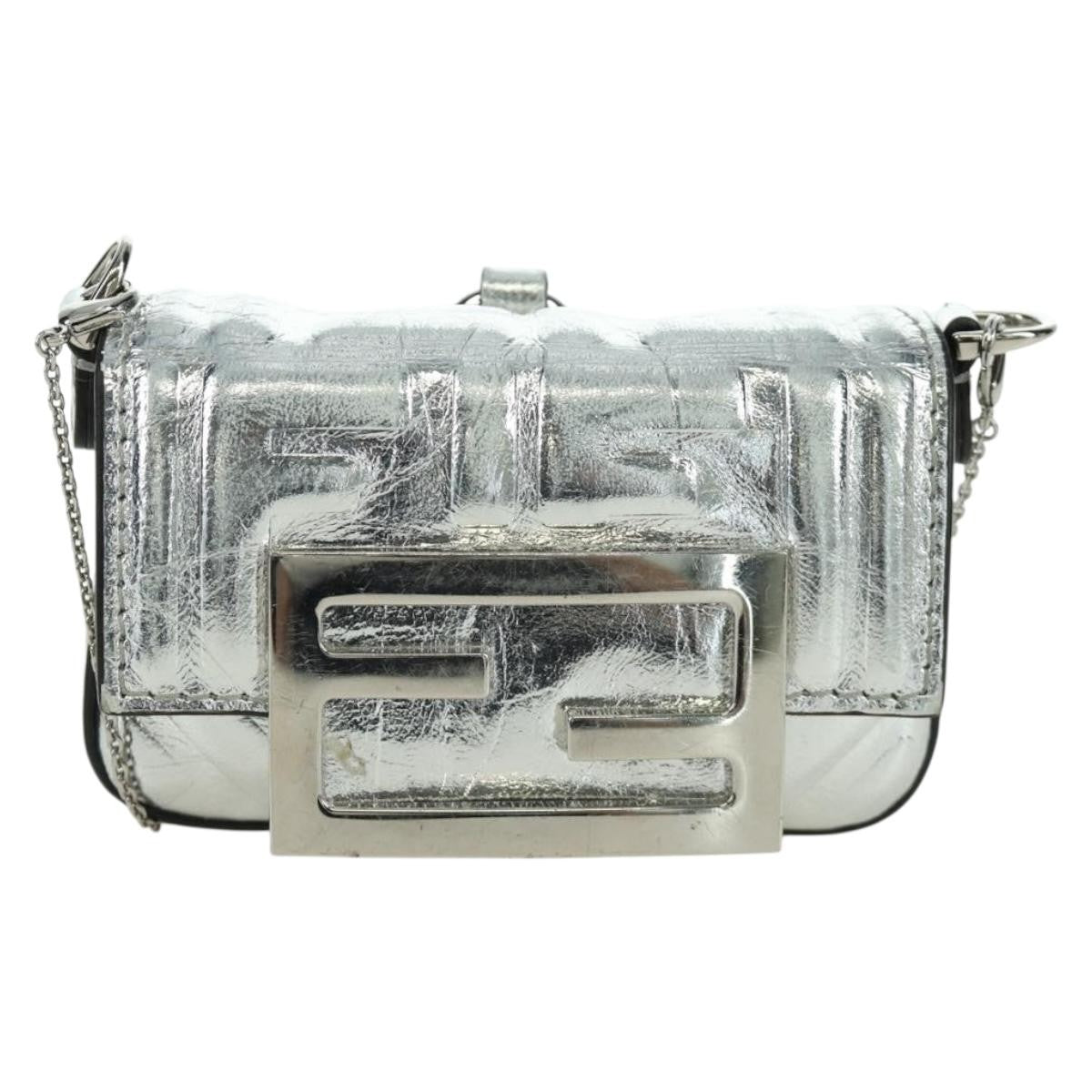Fendi Chain Baguette Charm Bag Zucca Embossed Leather, SILVER, CANVAS, Clutche & pouche