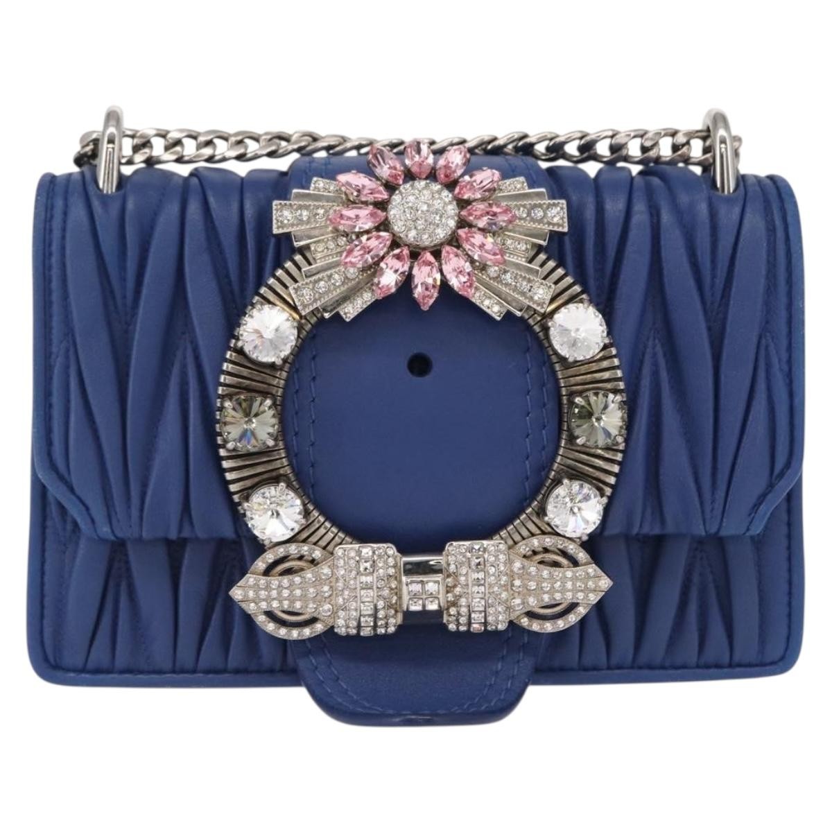 Miu Miu Madras Crystal Buckle Shoulder Bag Matelasse Leather, BLUE, LEATHER, Shoulder bag