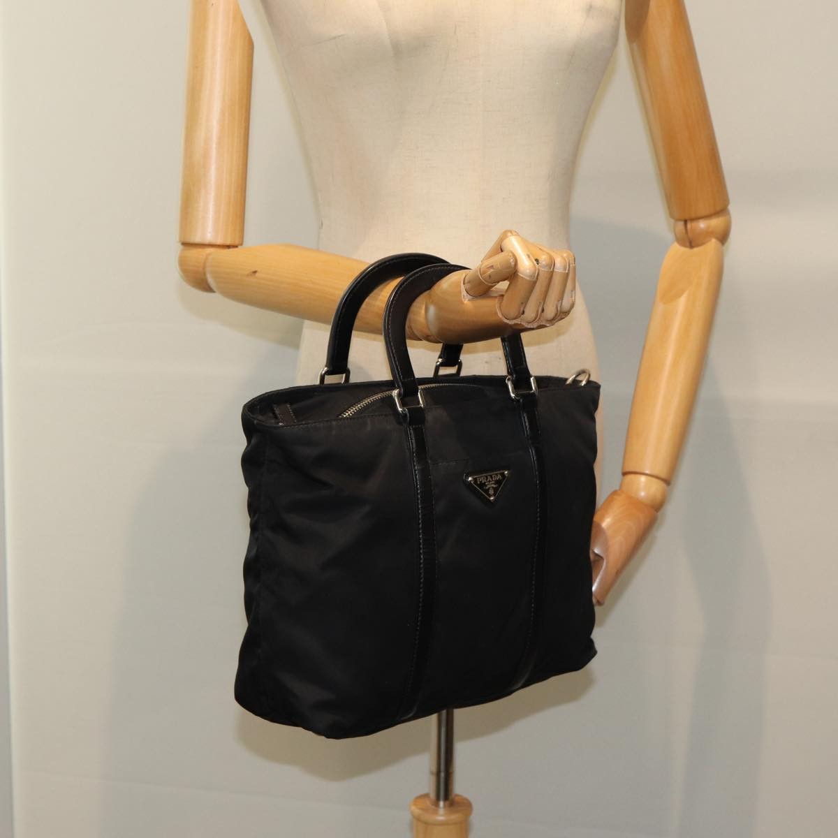 Prada Convertible Zip Tote Tessuto with Leather, BLACK, NYLON, Tote bag