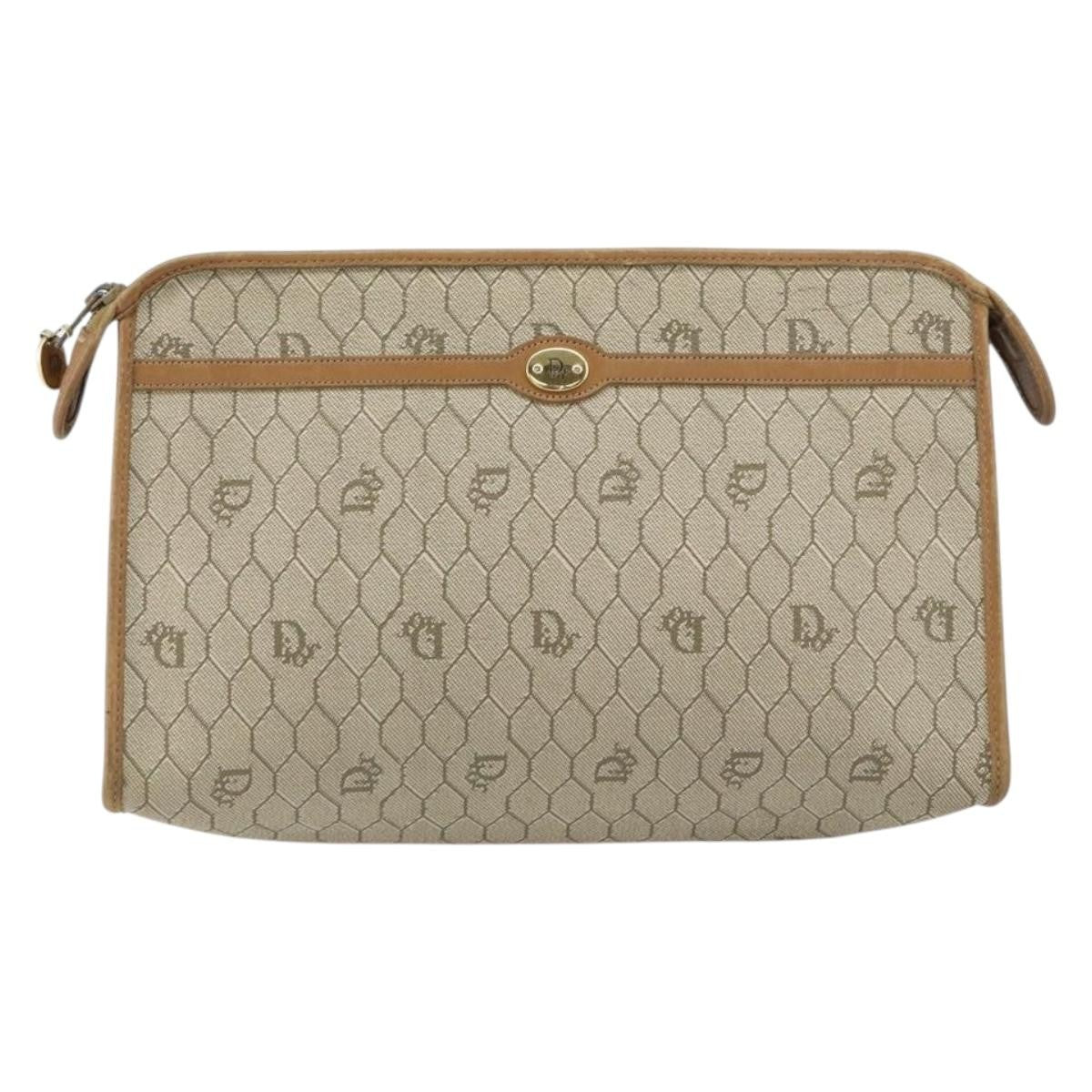 Christian Dior Vintage Honeycomb Zip Pouch Canvas and Leather, BEIGE, CANVAS, Clutche & pouche