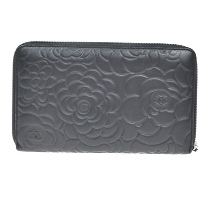 Chanel Camellia Zip Around Organizer Leather, Black, Leather, Wallet