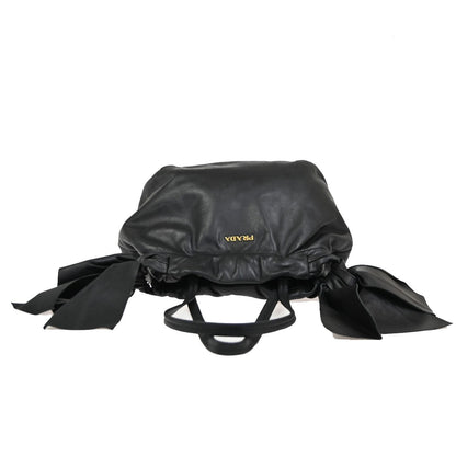 Prada Bow Tie Pleated Tote Leather, BLACK, LEATHER, Shoulder bag