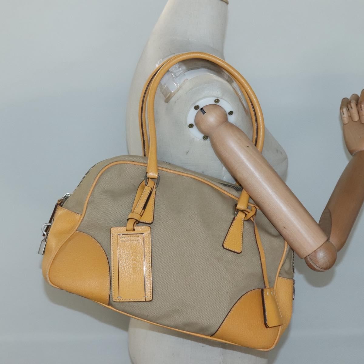 Prada Bauletto Bag Canvas with Leather, BEIGE, CANVAS, Handbag