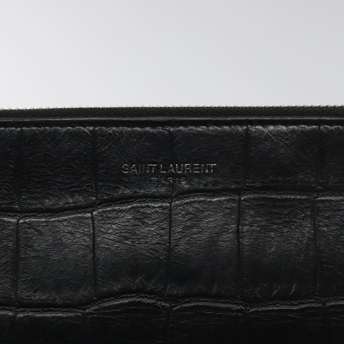 Saint Laurent Zip Pouch Crocodile Embossed Leather, BLACK, LEATHER, Clutche & pouche