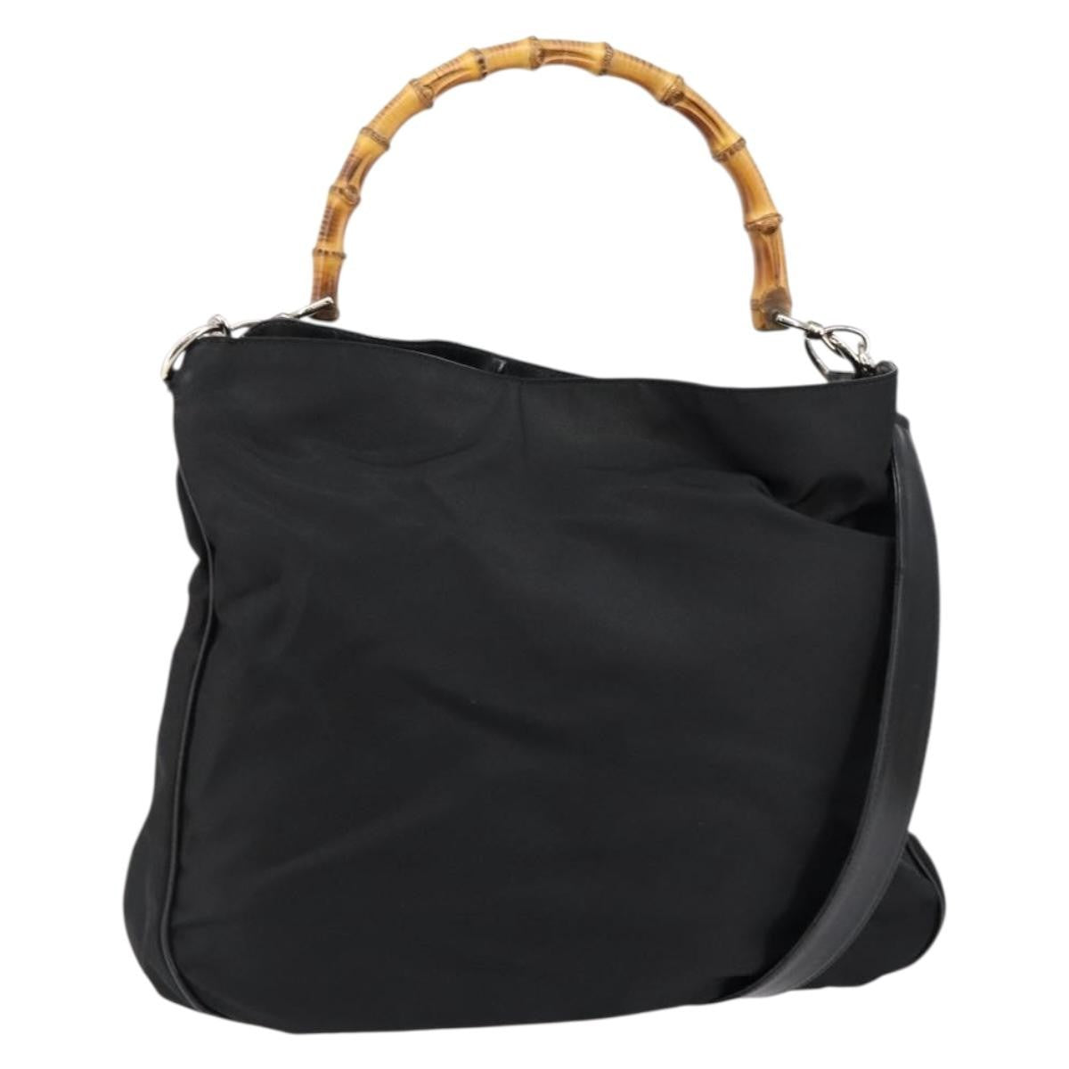 Gucci Vintage Bamboo Handle Open Hobo Nylon, BLACK, NYLON, Handbag