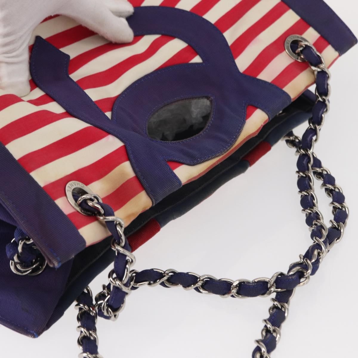 Chanel Mariniere Chain Tote Striped Canvas, NAVY, CANVAS, Tote bag