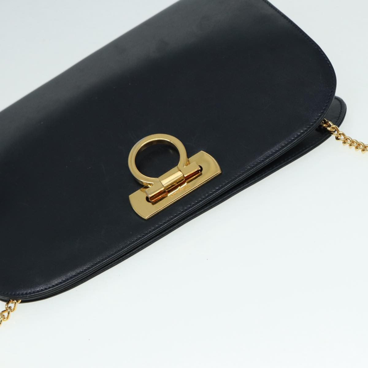 Salvatore Ferragamo Vintage Gancini Chain Shoulder Bag Leather, NAVY, LEATHER, Shoulder bag