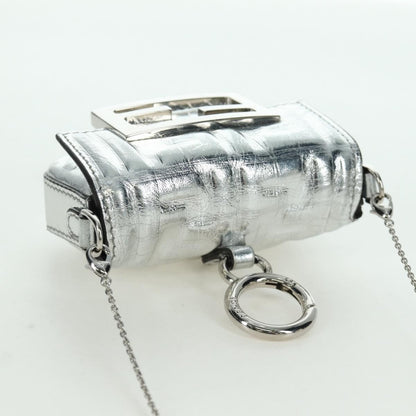 Fendi Chain Baguette Charm Bag Zucca Embossed Leather, Silver, Canvas, Clutch