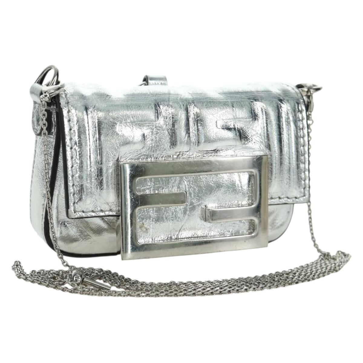 Fendi Chain Baguette Charm Bag Zucca Embossed Leather, SILVER, CANVAS, Clutche & pouche