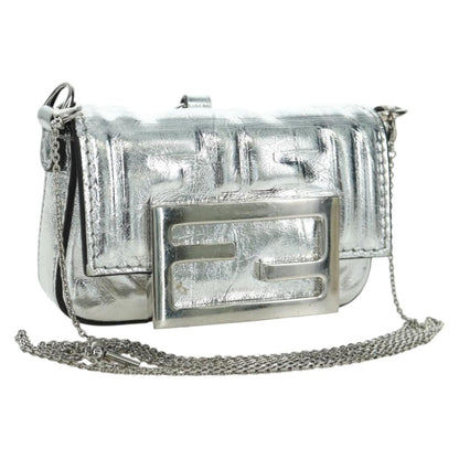 Fendi Chain Baguette Charm Bag Zucca Embossed Leather, SILVER, CANVAS, Clutche & pouche