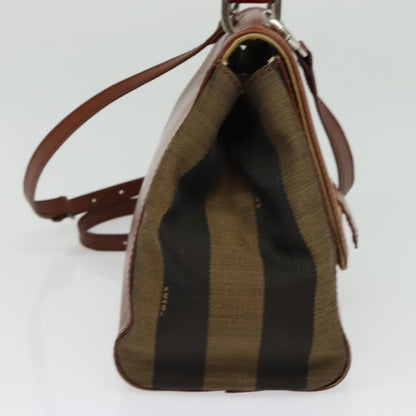 Fendi Silvana Bag Leather with Pequin Canvas, BROWN, LEATHER, Shoulder bag