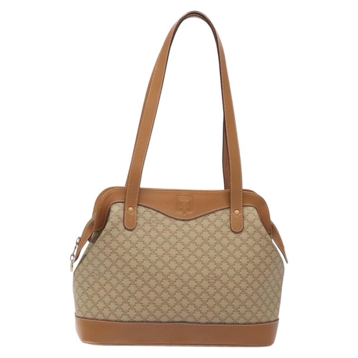 Celine Vintage Macadam Shoulder Bag Canvas and Leather, BEIGE, CANVAS, Shoulder bag