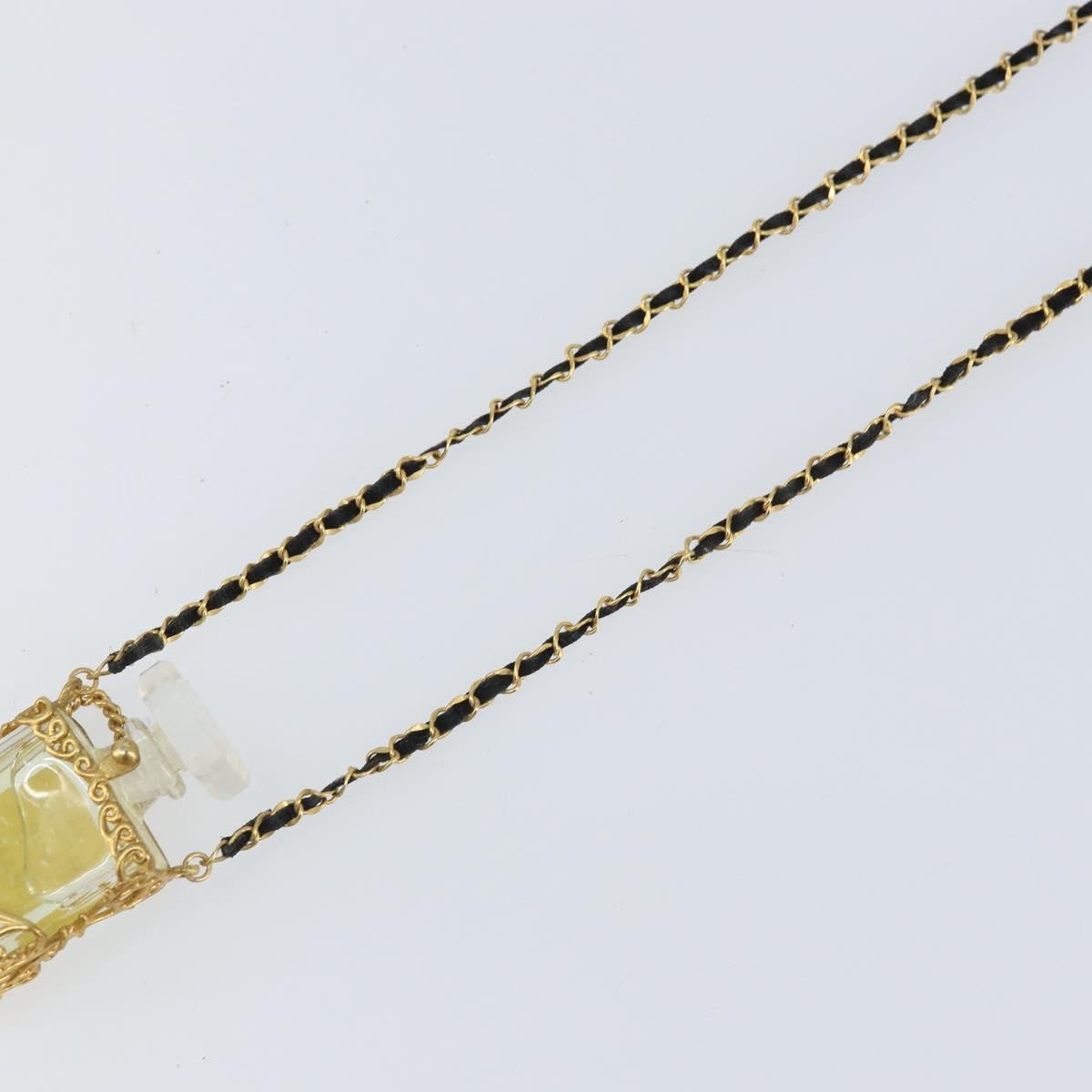 "Chanel CC Perfume Bottle Pendant Chain Long Necklace Metal with Leather, Crystals and Faux Pearl", GOLD, METAL, Necklace