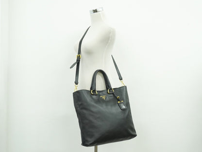 Prada Convertible Shopper Tote Soft Calf, BLACK, LEATHER, Tote bag
