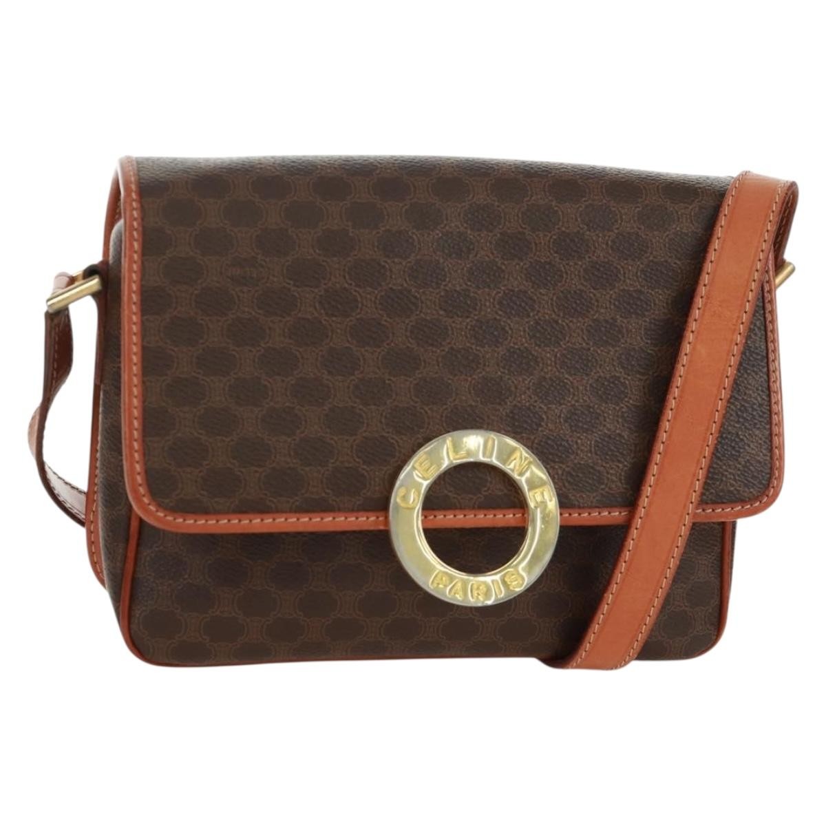 Celine Vintage Macadam Circle Logo Shoulder Bag Canvas and Leather, BROWN, CANVAS, Shoulder bag