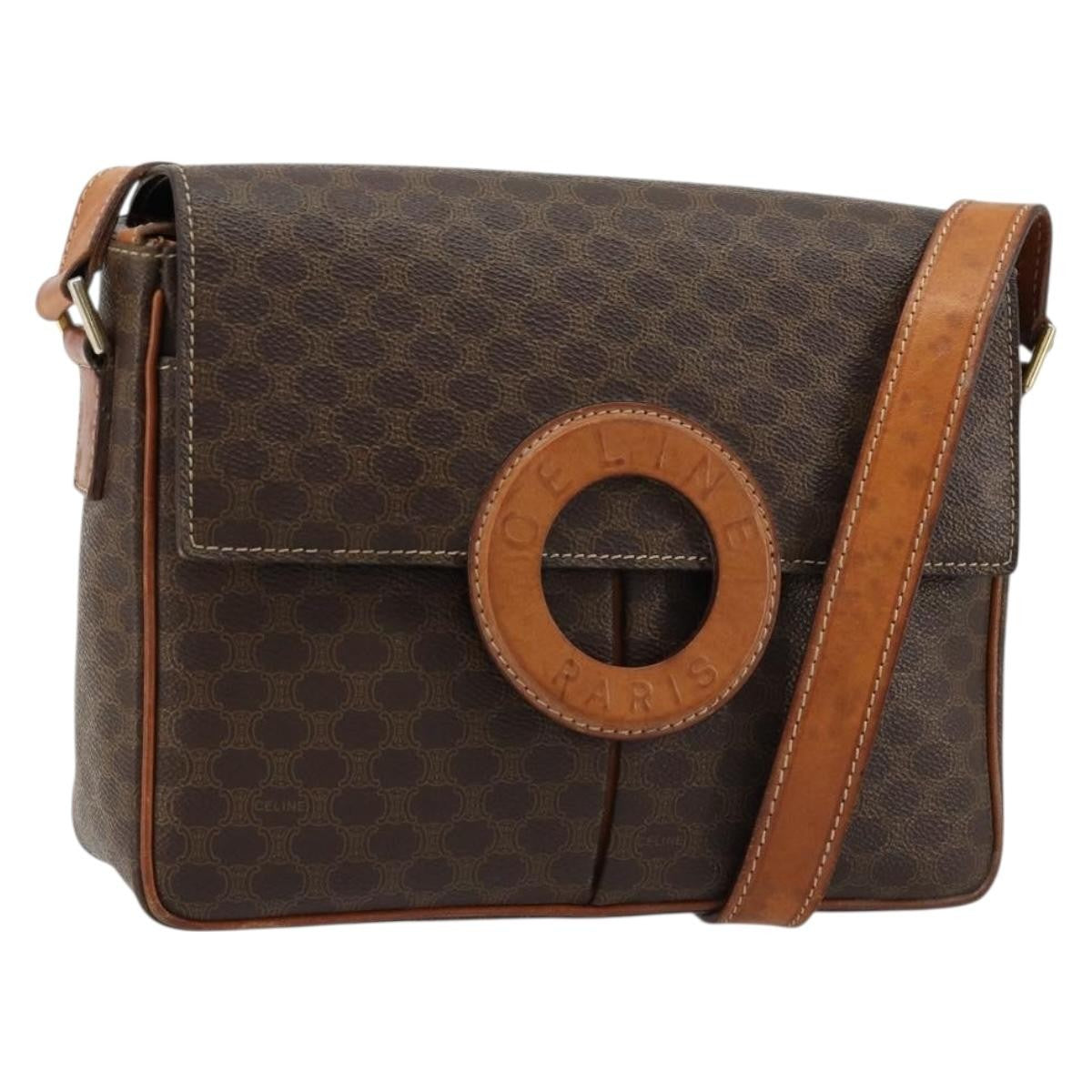 Celine Vintage Macadam Circle Logo Shoulder Bag Canvas and Leather, Brown, Canvas, Shoulder Bag