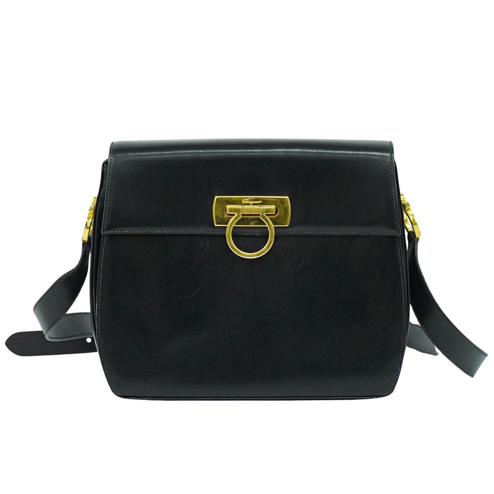 Salvatore Ferragamo Gancini Shoulder Bag Leather, BLACK, LEATHER, Shoulder bag