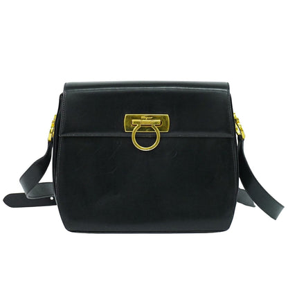 Salvatore Ferragamo Gancini Shoulder Bag Leather, BLACK, LEATHER, Shoulder bag